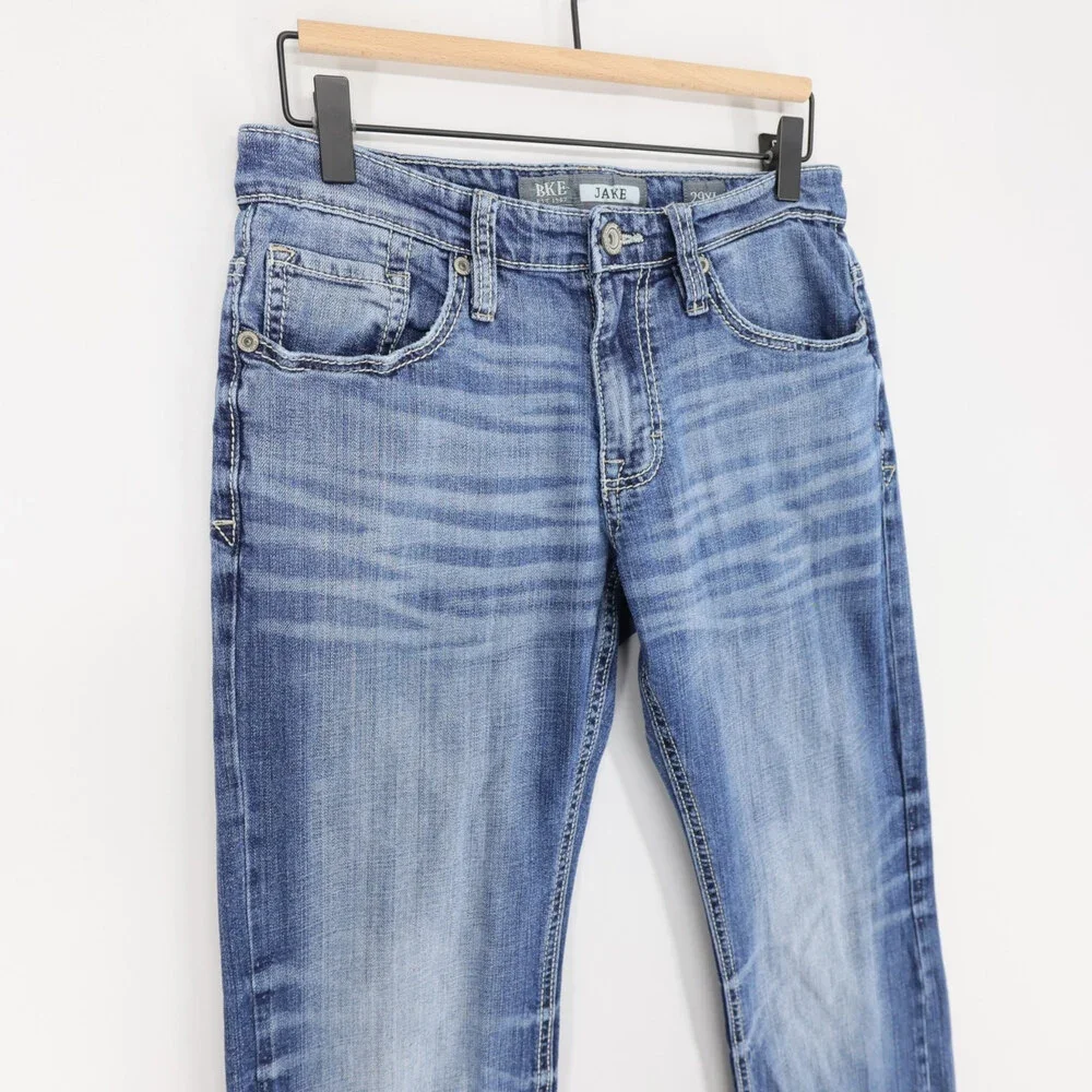 BKE Jake Jeans Mens 29XL Blue Bootcut Stretch Denim Whiskered Distressed